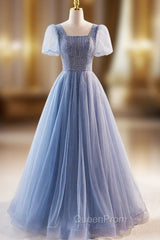 Blue Tulle Square Neck Puff Sleeve Evening Prom Dresses