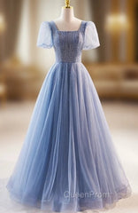 Blue Tulle Square Neck Short Sleeve Beading Evening Prom Dresses