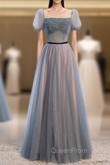 Blue Tulle Square Short Sleeve Pleats Beading Evening Prom Dresses