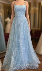 Blue Tulle Star Sequins Spaghetti Straps Evening Prom Dresses