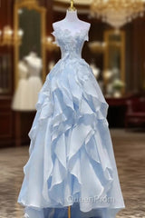 Blue Tulle Strapless Appliques Evening Prom Dresses