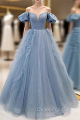 Blue Tulle Strapless Evening Prom Dresses With Detachable Sleeve