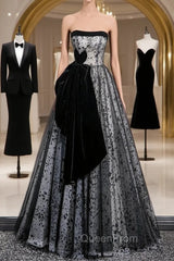 Blue Tulle Strapless Velvet Evening Prom Dresses