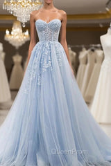 Blue Tulle Sweetheart Neck Appliques Evening Prom Dresses