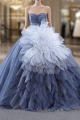 Blue Tulle Sweetheart Evening Prom Dresses With Detachable Tulle