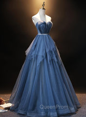 Blue Tulle Sweetheart Simple Pretty Floor Length Party Dresses, Blue A-line Evening Dresses Evening Prom Dresses