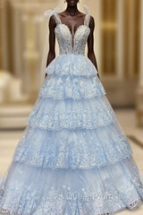 Blue Tulle Tiers Appliques Sequins Evening Prom Dresses