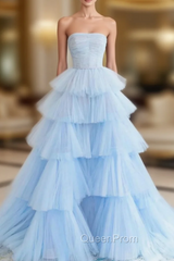Blue Tulle Tiers Strapless Pleats Evening Prom Dresses