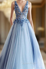 Blue Tulle V-neck Appliques Beading Evening Prom Dresses