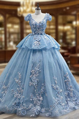 Blue Tulle V-neck Appliques Cap Sleeve Evening Prom Dresses