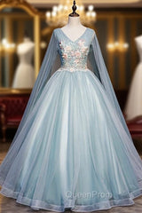 Blue Tulle V-neck Appliques Pleats Quinceanera Dresses