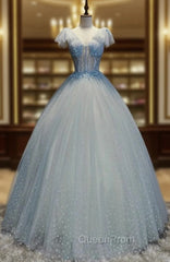 Blue Tulle V-neck Appliques Quinceanera Dresses