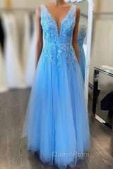Blue Tulle V-neck Backless Appliques Evening Prom Dresses