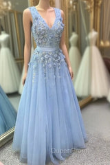 Blue Tulle V-neck Flower Beading Evening Prom Dresses