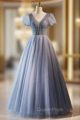 Blue Tulle V-neck Puff Sleeve Beading Evening Prom Dresses