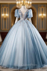 Blue Tulle V-neck Puff Sleeve Quinceanera Dresses