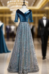 Blue Tulle V-neck Short Sleeve Sequins Evening Prom Dresses