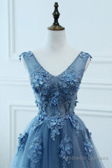 Blue Tulle V-neckline Long Party Dress , Tulle Formal Dress