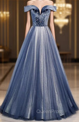 Blue Tulle Velvet Off the Shoulder Beading Evening Prom Dresses