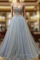 Blue Tulle with Flowers Straps Long Evening Dresses, Blue Evening Prom Party Dresses