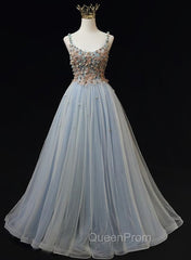 Blue Tulle with Flowers Straps Long Evening Dresses, Blue Evening Prom Party Dresses