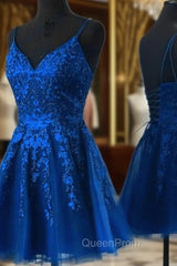 Blue Tulle with Lace Straps Short Homecoming Dresses, V-neckline Blue Evening Prom Dresses