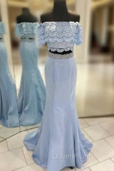 Blue Two-Piece Off-the-Shoulder Lace Mermaid Long Evening Prom Dresses