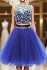 Blue two pieces tulle sequin beads short Evening Prom Dresses, blue homecoming