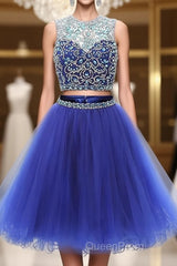 Blue two pieces tulle sequin beads short Evening Prom Dresses, blue homecoming