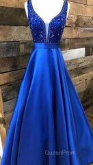 Blue v neck beads satin long Evening Prom Dresses, blue evening Dresses