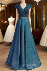 Blue V-neck Cap Sleeve Backless Sequins Beading Evening Prom Dresses