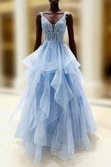 Blue V-Neck Lace Long Evening Prom Dresses, Blue Tulle Layers Evening Dresses