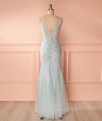 Blue V Neck Lace Tulle Long Evening Prom Dresses, Blue Lace Evening Dresses For Teens