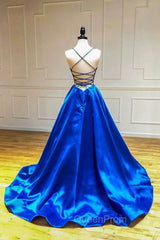 Blue V-Neck Satin Long Evening Dresses, A-Line Backless Evening Prom Dresses