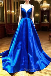 Blue V-Neck Satin Long Evening Dresses, A-Line Backless Evening Prom Dresses