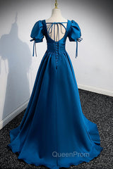 Blue V-Neck Satin Long Evening Prom Dresses, A-Line Short Sleeve Evening Dresses