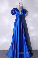 Blue V-Neck Satin Long Evening Prom Dresses, Simple Blue Evening Party Dresses