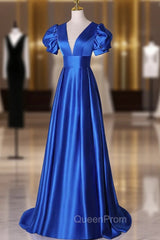Blue V-Neck Satin Long Evening Prom Dresses, Simple Blue Evening Party Dresses