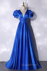 Blue V-Neck Satin Long Evening Prom Dresses, Simple Blue Evening Party Dresses