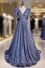 Blue V-neck Starry Gradient Cloth Short Sleeve Evening Prom Dresses