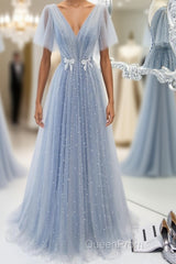 Blue v neck tulle beads long Evening Prom Dresses, blue tulle formal Dresses