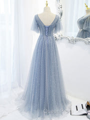 Blue v neck tulle beads long Evening Prom Dresses, blue tulle formal Dresses