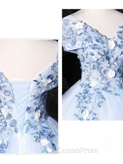 Blue V Neck Tulle Lace Long Evening Prom Dresses. Blue Sweet 16 Dresses