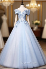 Blue V Neck Tulle Lace Long Evening Prom Dresses. Blue Sweet 16 Dresses