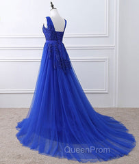 Blue V Neck Tulle Lace Long Evening Prom Dresses, Blue Evening Dresses