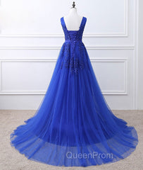 Blue V Neck Tulle Lace Long Evening Prom Dresses, Blue Evening Dresses