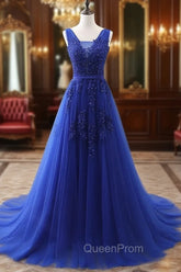 Blue V Neck Tulle Lace Long Evening Prom Dresses, Blue Evening Dresses