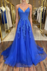 Blue v neck tulle lace long Evening Prom Dresses, blue lace bridesmaid Dresses