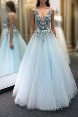 Blue v neck tulle lace long Evening Prom Dresses blue tulle formal Dresses