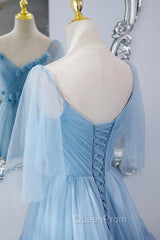 Blue V-Neck Tulle Long Evening Prom Dresses, A-Line Evening Party Dresses